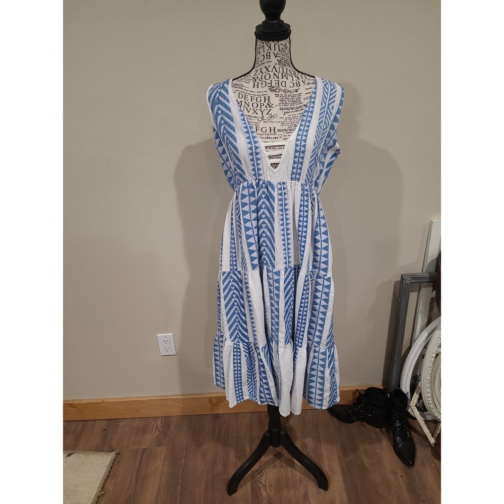 Verde Boho Cotton tiered blue white print midi‎ dress women SZ OS  (S-M) Coastal